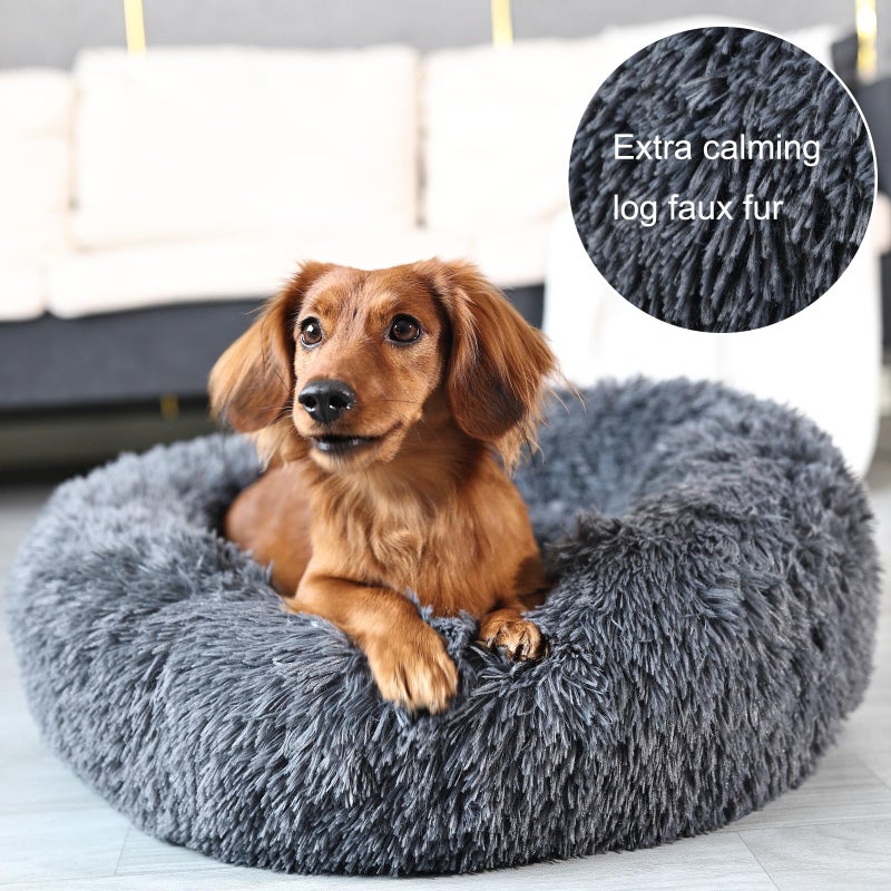 nononfish Calming Donut Dogs Beds for Medium Dogs up to 45 lb,30inch Anti-Slip Plush Round Dog Bed with Raised Rim,Fluffy Faux Fur Pet Bed for Cozy Sleep,Dark Grey - Image 5